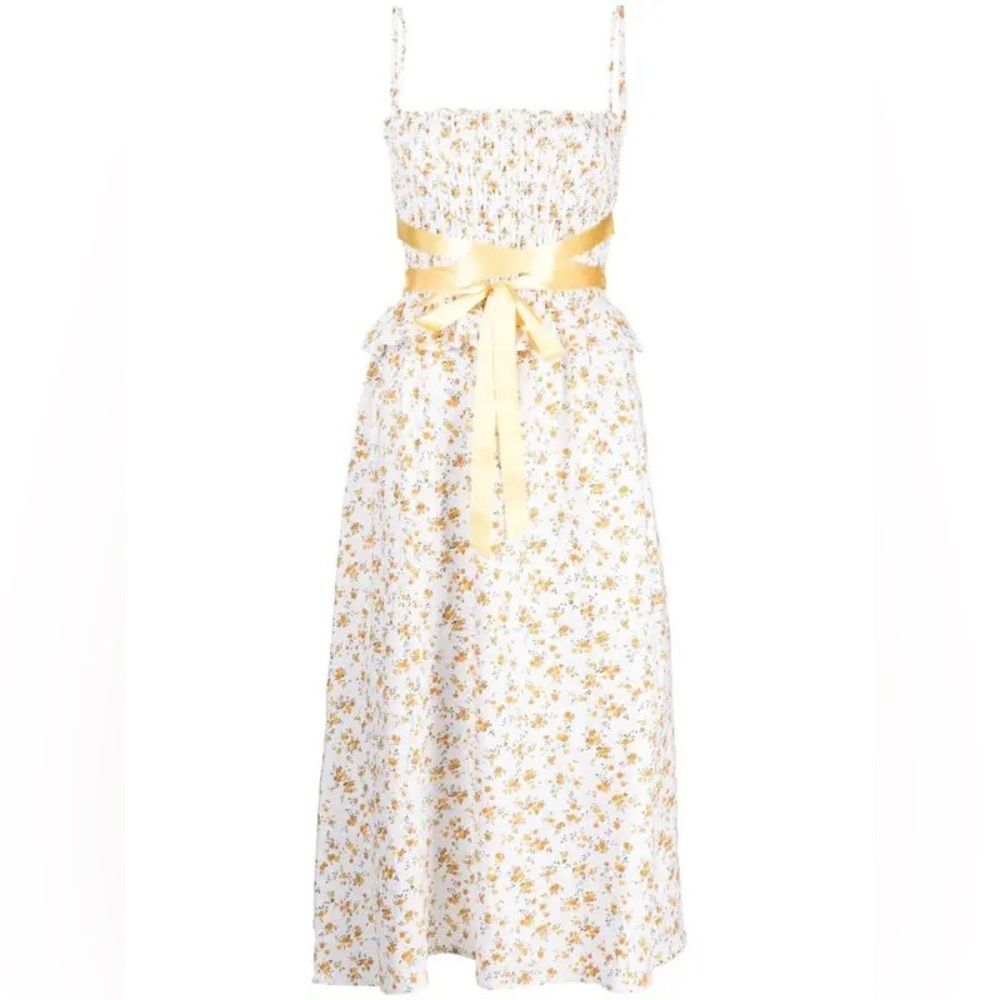 Reformation Miles Floral Yellow & White Ribbon Wrap Smocked Linen Dress Large